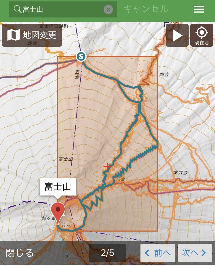 山レコで富士山へのマップとルートを検索しているところのスクリーンショット